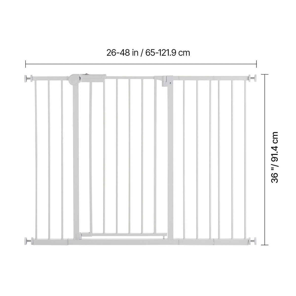 Baby Gate, 26-48 Inches Adjustable Width, 36 Inches High Dog Gate, Easy Step Walk Thru, for Child Pet Security, Pressure Mount Kit, Wall Cups, One-Hand Open, for Stairs and Doorways, White