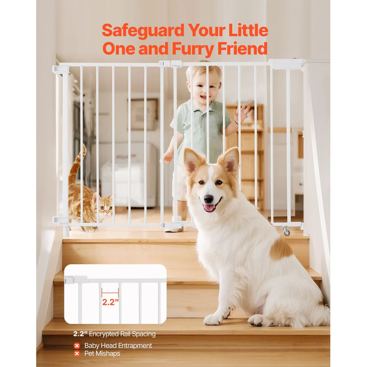 Baby Gate, 29.5-43 Inches Adjustable Width, 28 Inches High Dog Gate, No Threshold Bar, Easy Step Walk Thru, for Child Pet Security, with Screws, One-Hand Open, for Stairs and Doorways, White
