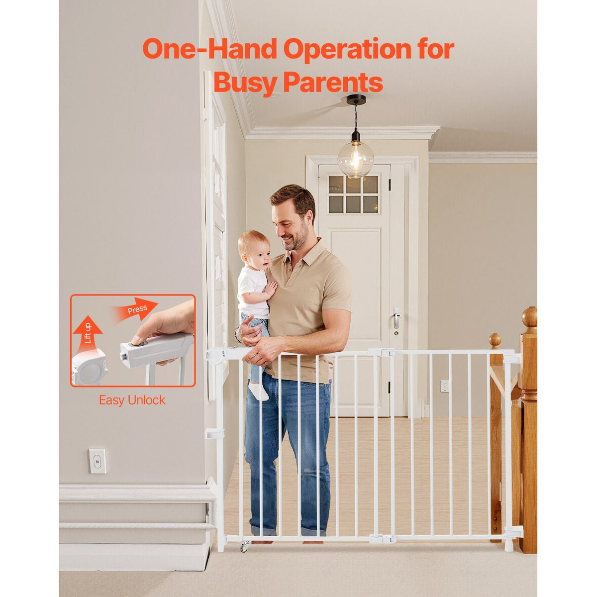 Baby Gate, 29.5-43 Inches Adjustable Width, 28 Inches High Dog Gate, No Threshold Bar, Easy Step Walk Thru, for Child Pet Security, with Screws, One-Hand Open, for Stairs and Doorways, White