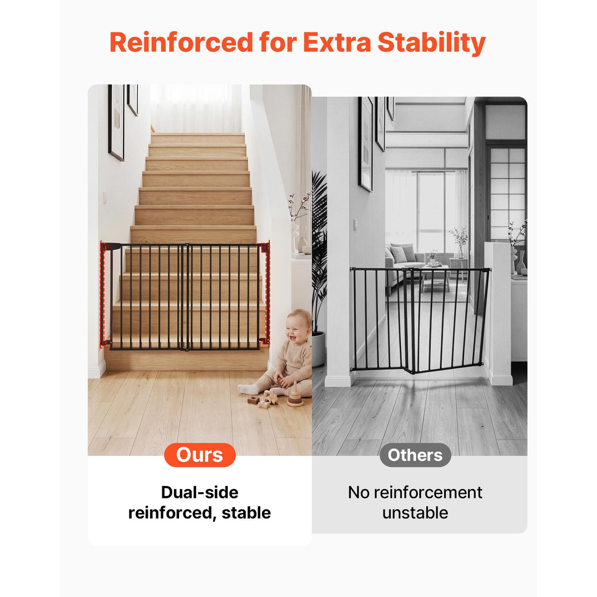 Baby Gate for Stairs, 31-48 in Adjustable Width, 30 in High Dog Gate, No Bottom Bar, One-Handed Operation, Easy Drilling Installation with Hardware Kit, for Stairs, Doorways, and House, Black