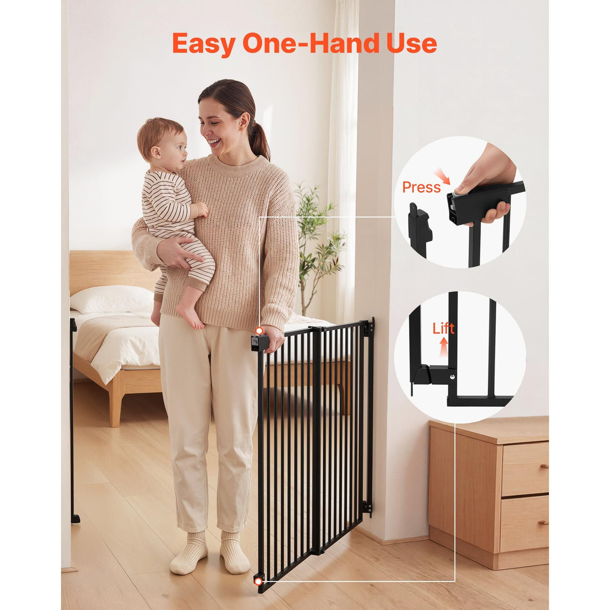 Baby Gate for Stairs, 31-48 in Adjustable Width, 30 in High Dog Gate, No Bottom Bar, One-Handed Operation, Easy Drilling Installation with Hardware Kit, for Stairs, Doorways, and House, Black