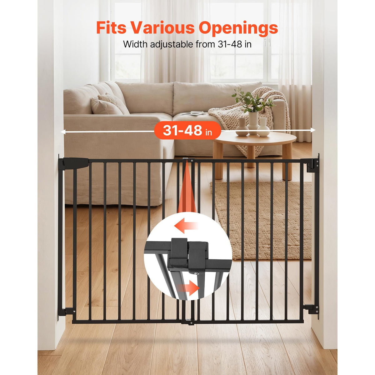 Baby Gate for Stairs, 31-48 in Adjustable Width, 30 in High Dog Gate, No Bottom Bar, One-Handed Operation, Easy Drilling Installation with Hardware Kit, for Stairs, Doorways, and House, Black