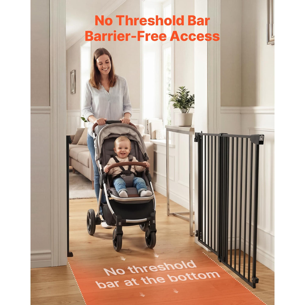 Baby Gate for Stairs, 31-48 in Adjustable Width, 30 in High Dog Gate, No Bottom Bar, One-Handed Operation, Easy Drilling Installation with Hardware Kit, for Stairs, Doorways, and House, Black