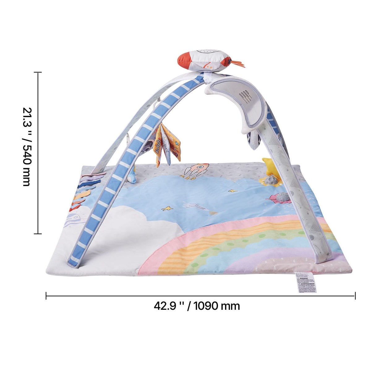 Baby Play Gym Mat, Tummy Time Mat with 6 Sensory Toys, Baby Activity Mat with Light-up Musical Rocket Toy for 0-18 Month Newborn Infant, Baby Essential Gift for Sensory & Motor Skill Development