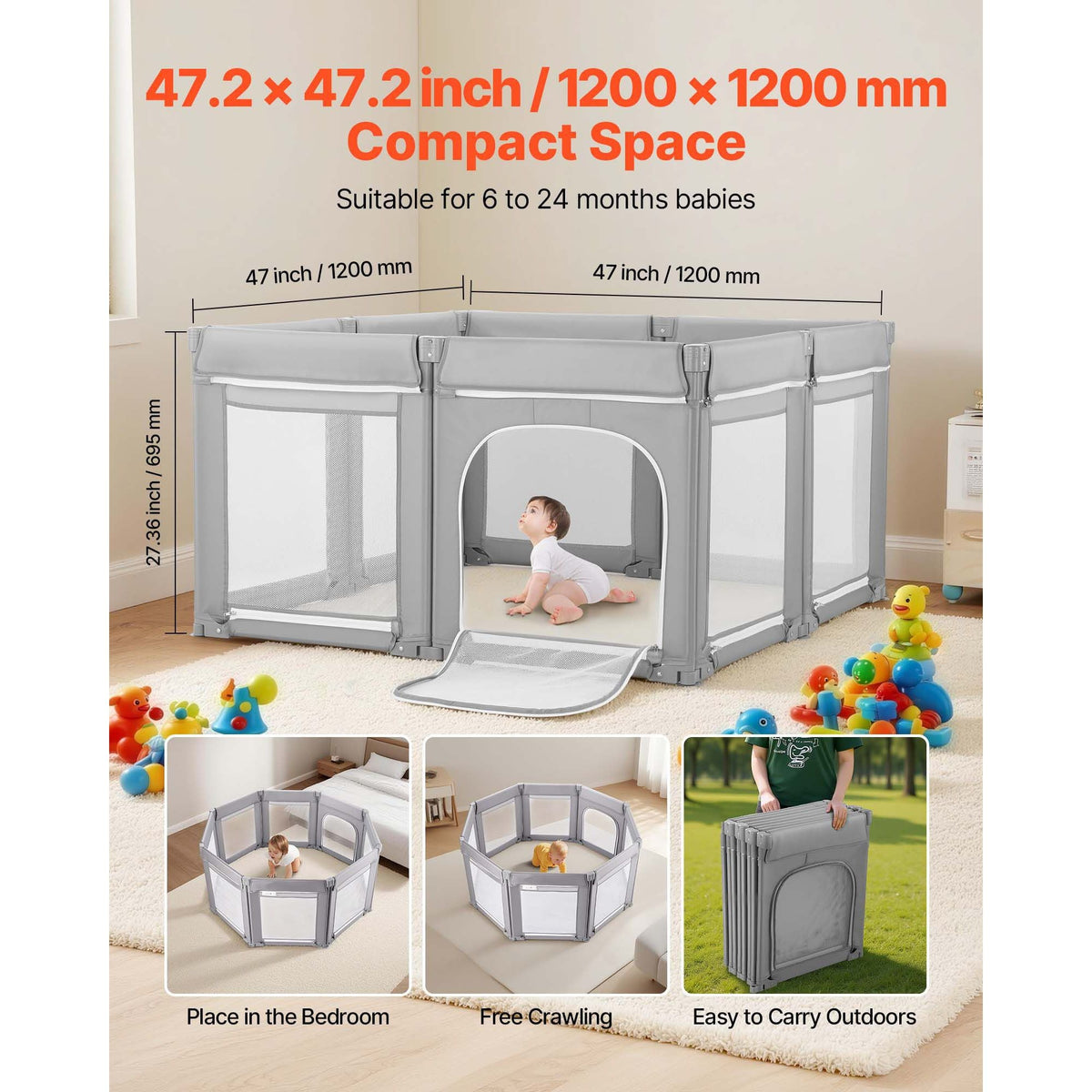 Baby Playpen, 47.2″ x 47.2″ Foldable Toddlers Playpen, Indoor/Outdoor Baby Fence Play Yard with Zippered Door & Soft Breathable Mesh, No-Gap Toddlers Activity Center for 6 -24 Months Babies