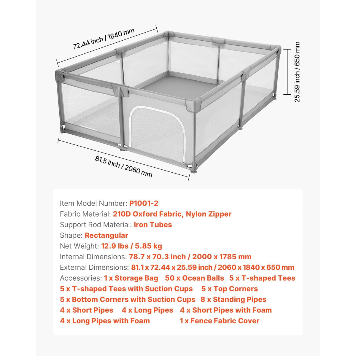 Baby Playpen, 78.7″ x 70.3″ Extra Large Playpen for Babies Toddlers, Indoor/Outdoor Baby Fence Play Yard, No-Gap Safety Activity Center with 50 Ocean Balls, Zippered Door & Soft Breathable Mesh