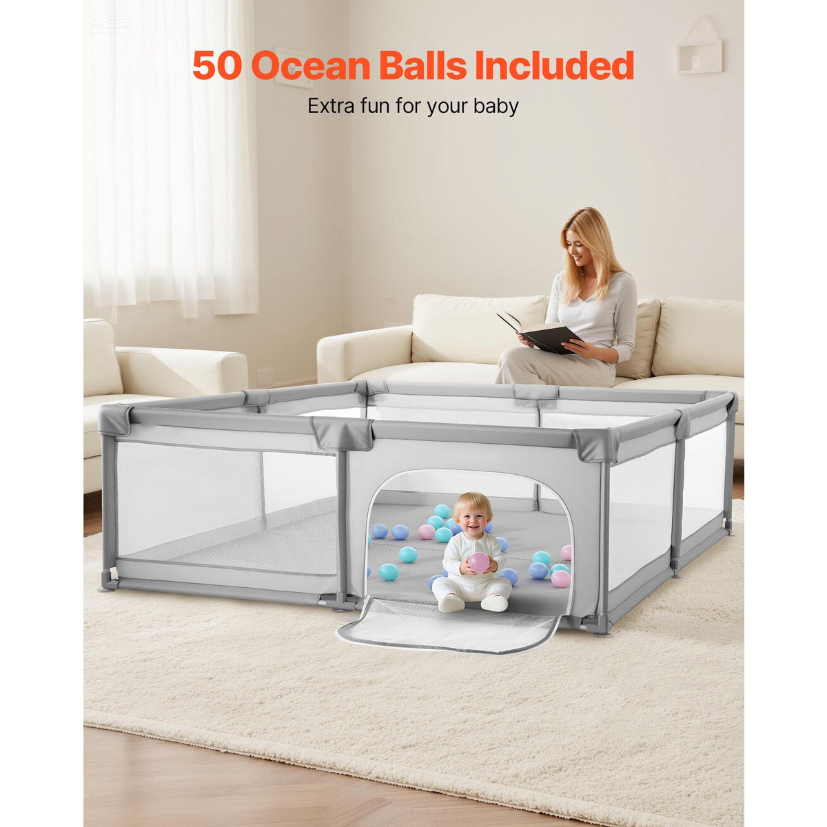 Baby Playpen, 78.7″ x 70.3″ Extra Large Playpen for Babies Toddlers, Indoor/Outdoor Baby Fence Play Yard, No-Gap Safety Activity Center with 50 Ocean Balls, Zippered Door & Soft Breathable Mesh