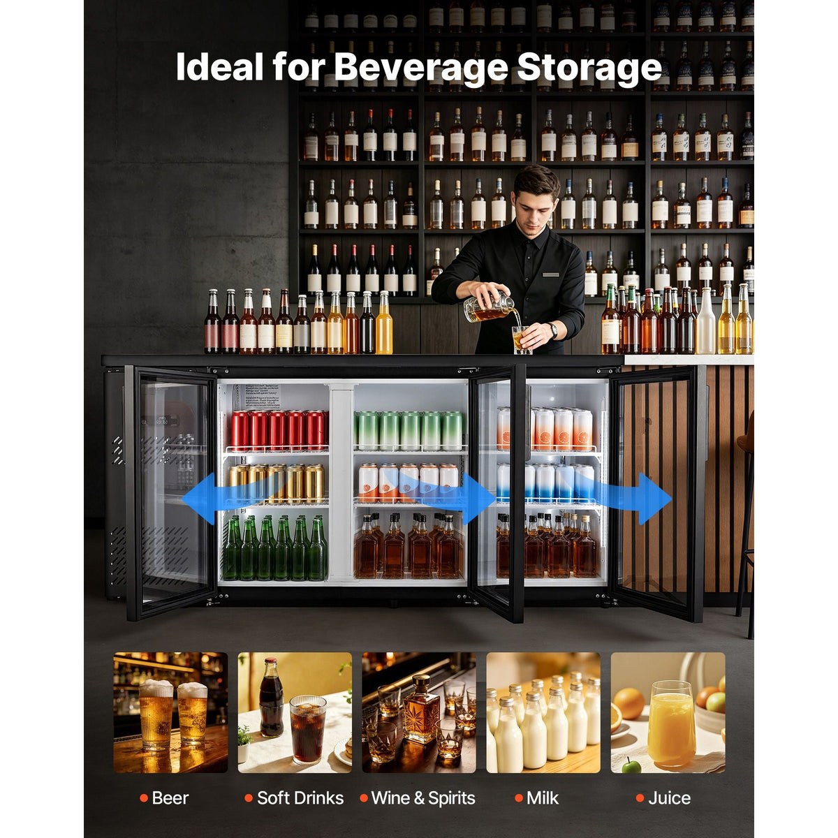 Back Bar Cooler, 19.6 Cu. Ft Counter Height Beverage Refrigerator, Commercial Bar Display Fridge w/ 3 Glass Doors, LED Lighting, Fan Cooling Beer Wine Cooler for Pub, Merchandiser, Store