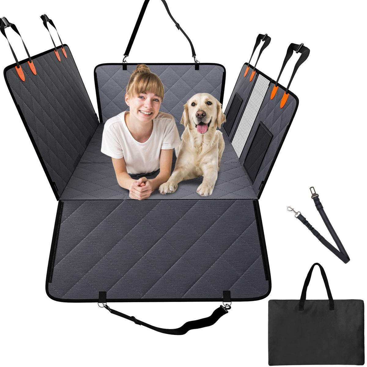 Back Seat Extender, Dog Car Seat Cover for Back Seat Bed with Mesh Window and Storage Pocket, Supports 400lbs Dog Hammock for Car Dog Car Bed 57.4"x30.3" for Truck