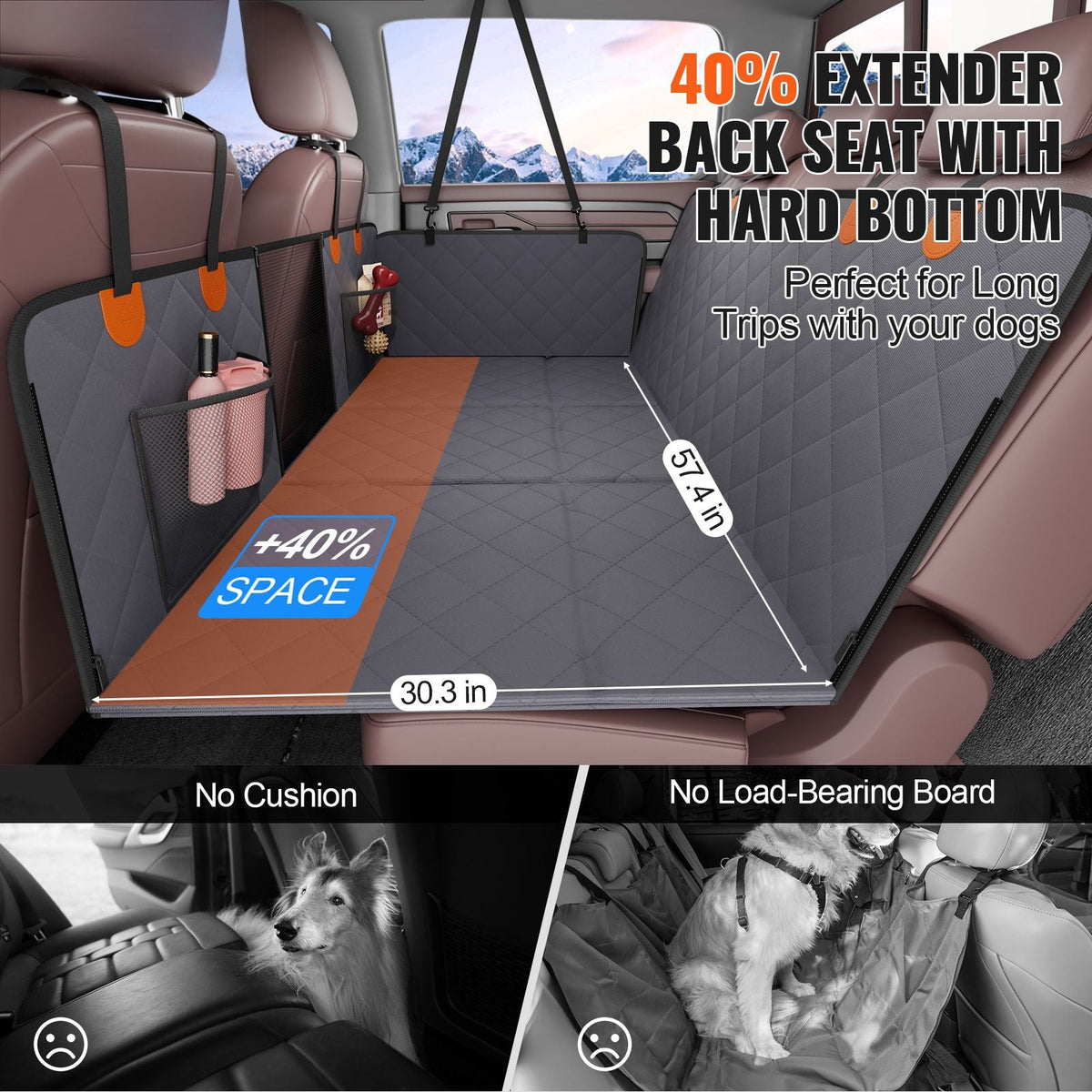 Back Seat Extender, Dog Car Seat Cover for Back Seat Bed with Mesh Window and Storage Pocket, Supports 400lbs Dog Hammock for Car Dog Car Bed 57.4"x30.3" for Truck
