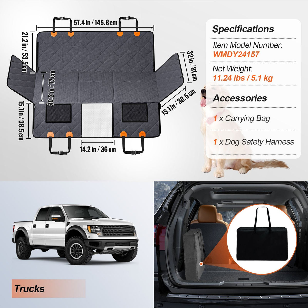 Back Seat Extender, Dog Car Seat Cover for Back Seat Bed with Mesh Window and Storage Pocket, Supports 400lbs Dog Hammock for Car Dog Car Bed 57.4"x30.3" for Truck