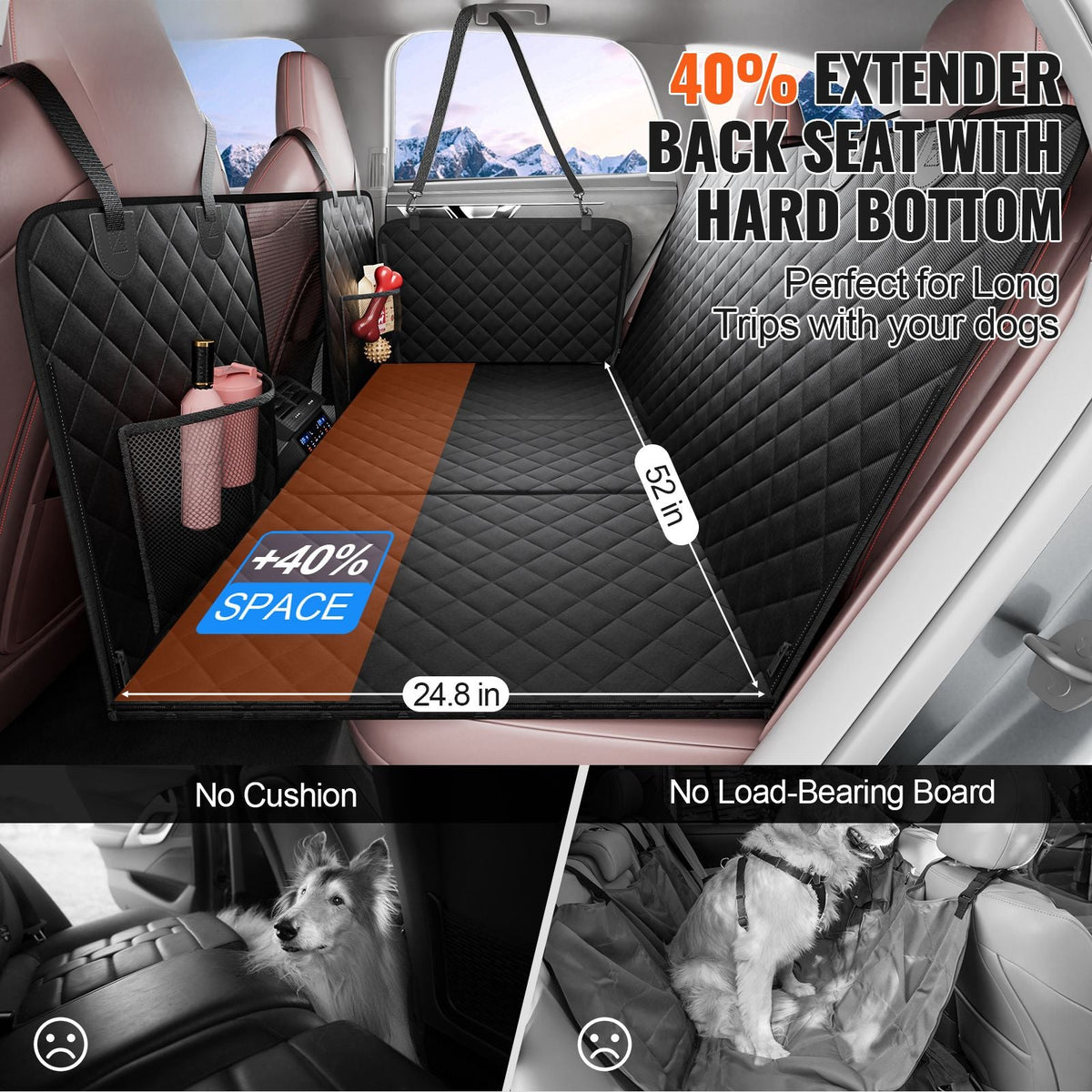 Back Seat Extender for Dogs,Dog Hammock for Car Back seat,Dog Car Seat Cover with Hard Bottom Dog Car Seat Bed 52"x24.8" ,Supports 350lb with Mesh Window and Storage Pocket for Car, SUV