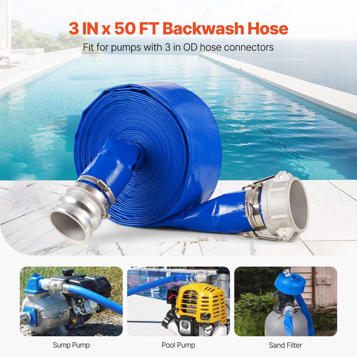 Backwash Hose, 3 in x 50 ft, Blue High Quality PVC Hose, with Clamps, Camlock, Aluminum Fittings, Fit Various Pumps, for Sewage Treatment, Water Transportation and More Agricultural Purposes