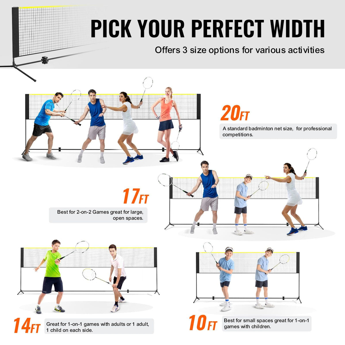 Badminton Net, Height Adjustable Volleyball Net, 20ft Wide Foldable Pickleball Net, Portable Tennis Net Set with Poles, Stand, Bag, Rackets, Nylon Shuttlecocks, Kid Backyard Indoor Outdoor Use