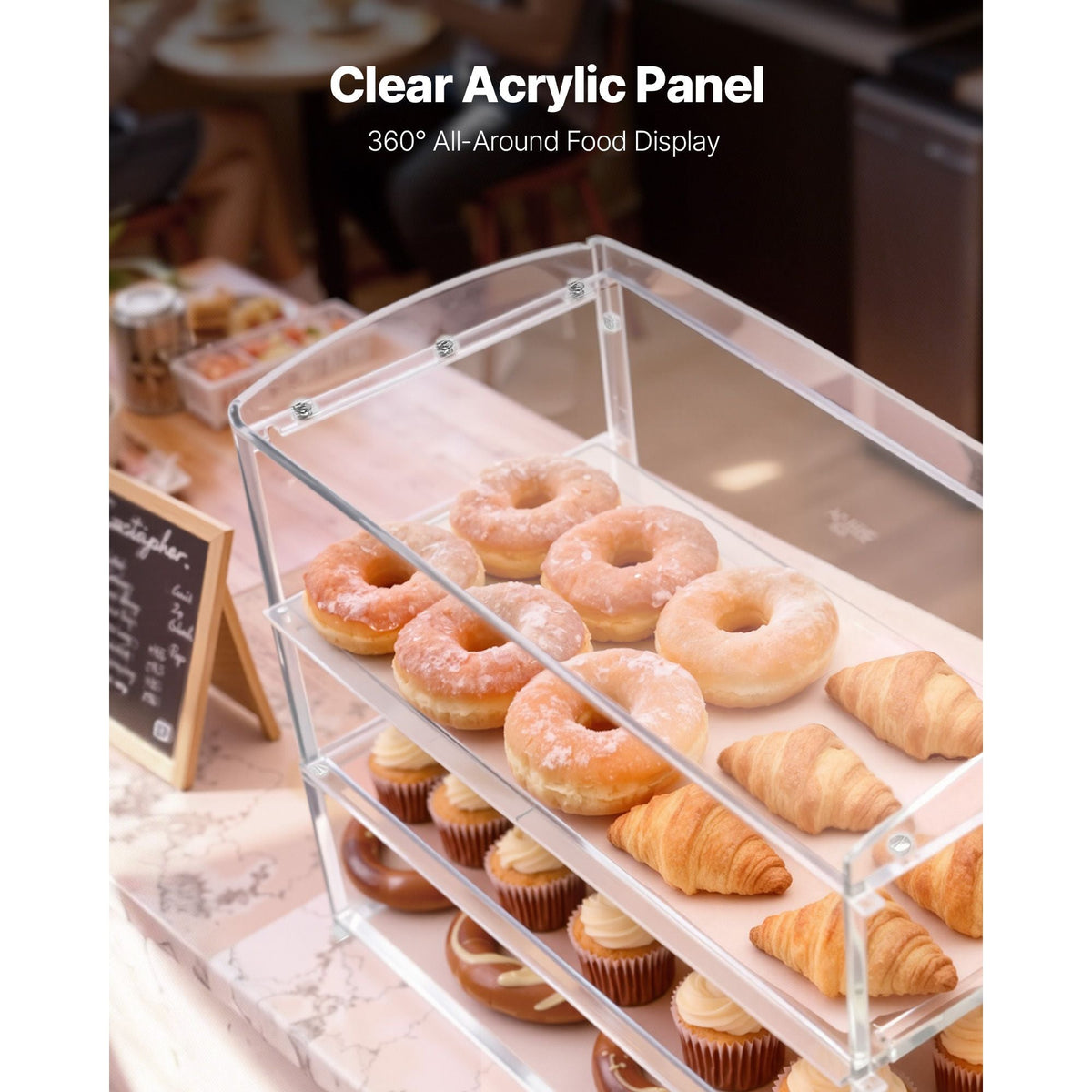 Bakery Display Case, 3-Tier Commercial Countertop Pastry Display Case, Clear Acrylic Bread Box for Kitchen, Party Cake Cabinet with Flip-Up Door for Cookie Dessert Donut Bagel, 19" x 9.1" x 15"