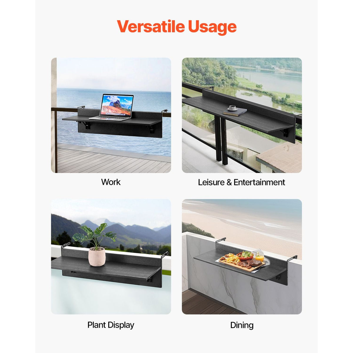 Balcony Hanging Table, 12 x 32 in Folding Balcony Railing Table, Outdoor Balcony Bar Table for Railings, 50 lbs Loading, Fit Railing from 1" to 4.3", Serving Table for Patio & Deck