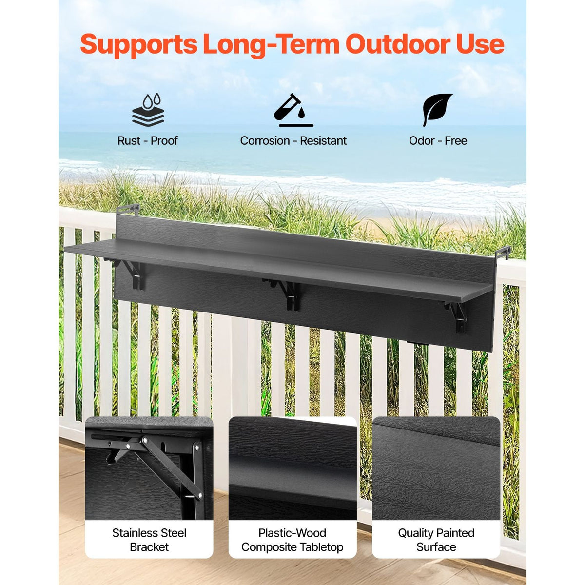 Balcony Hanging Table, 12 x 48 in Folding Balcony Railing Table, Outdoor Balcony Bar Table for Railings, 50 lbs Loading, Fit Railing from 1" to 4.3", Serving Table for Patio & Deck