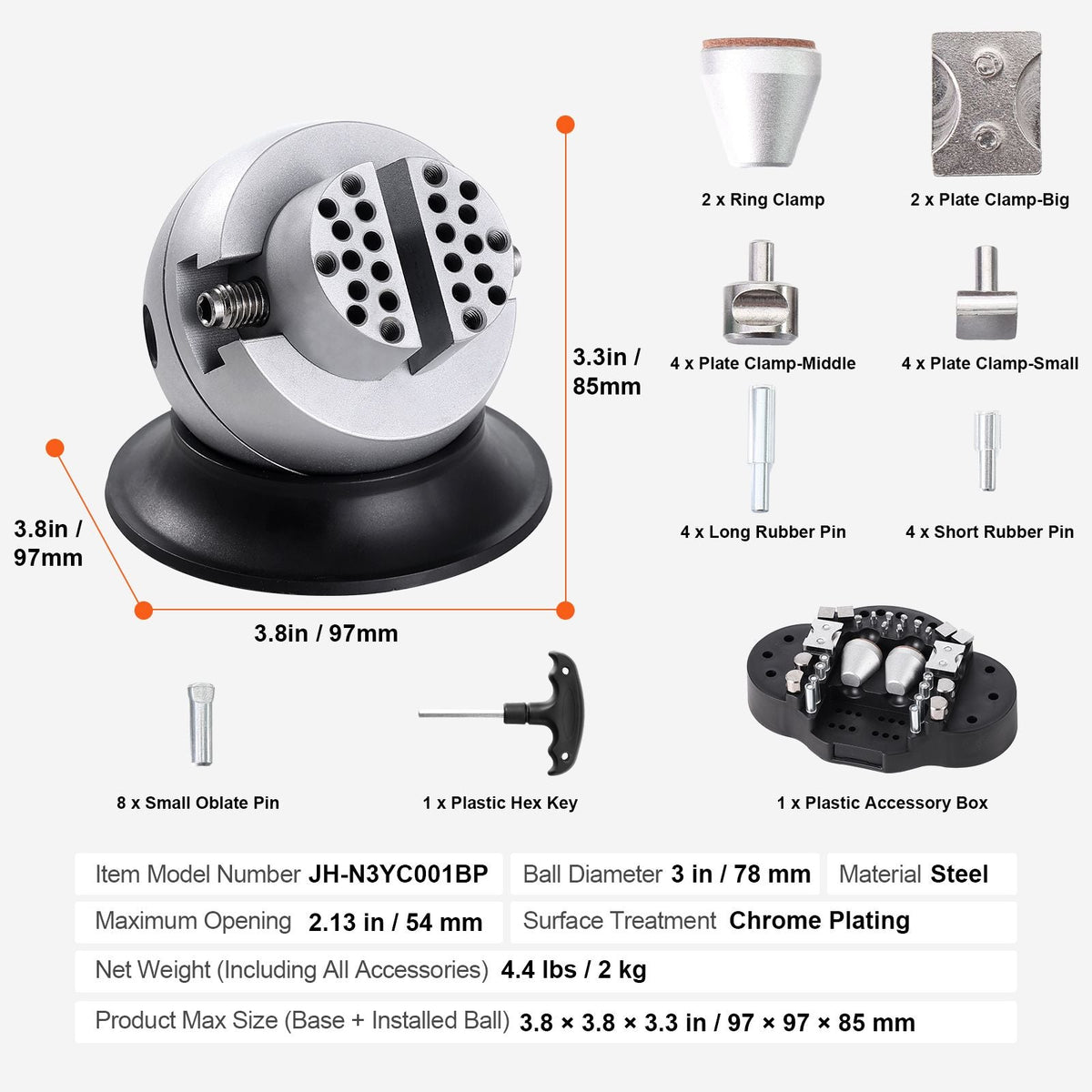 Ball Vise, 3" Engraving Setting Tool, 360° Rotation Engraving Block Vise, 30 PCS Attachment Jewelry Engraving Block Tools Standard Block for Gemstone Inlay and Small-Scale Engraving