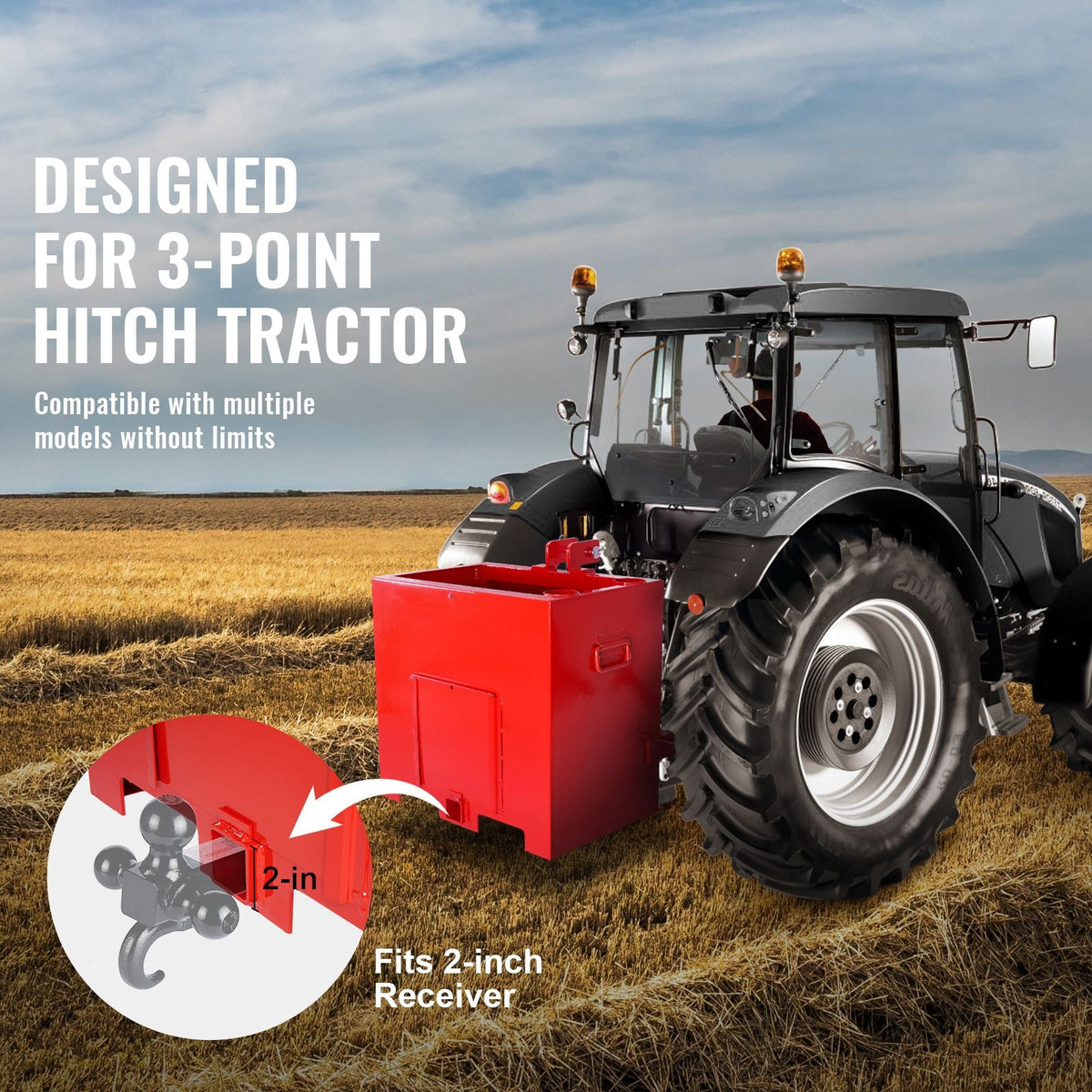 Ballast Box 3 Point Category 1 Tractor, 800lbs Capacity Hitch Ballast Box, for 2'' Hitch Receiver, Tractor Ballast Box with 5cu.ft Volume, Heavy-duty Steel, Red