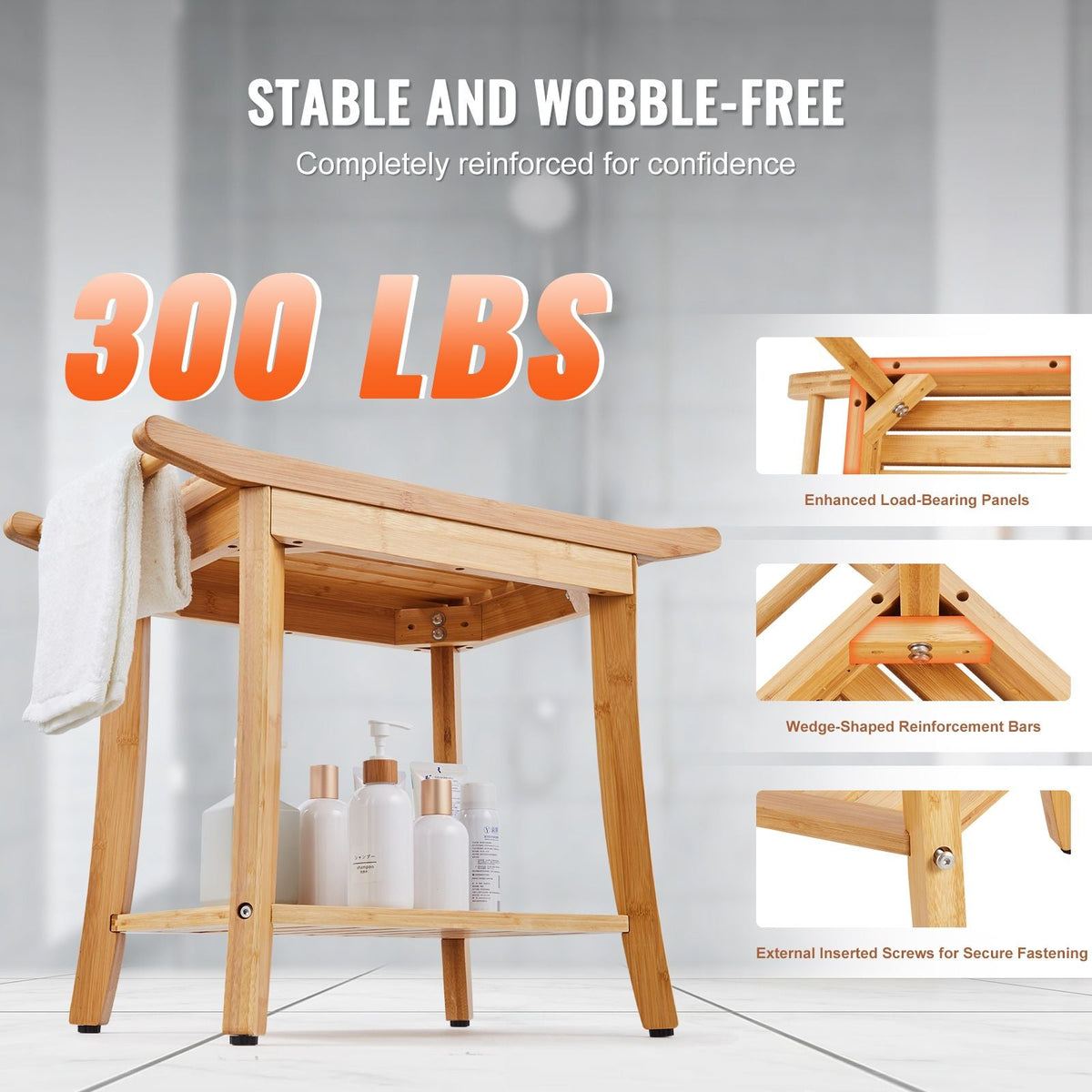 Bamboo Shower Bench, 24 x 13.8 x 18.9 in, Waterproof Shower Stool Chair with Storage Shelf Handle, 300 lbs Load Capacity Spa Bath Seat Organizer, for Adults Seniors Women Elderly Indoor Outdoor
