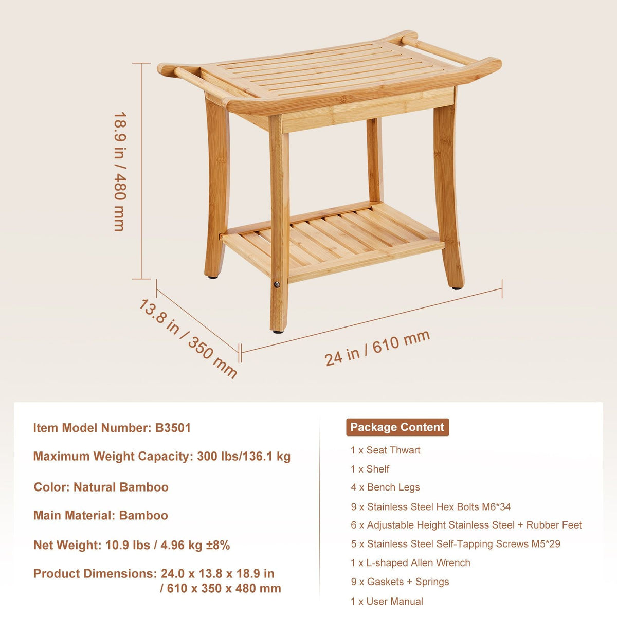 Bamboo Shower Bench, 24 x 13.8 x 18.9 in, Waterproof Shower Stool Chair with Storage Shelf Handle, 300 lbs Load Capacity Spa Bath Seat Organizer, for Adults Seniors Women Elderly Indoor Outdoor