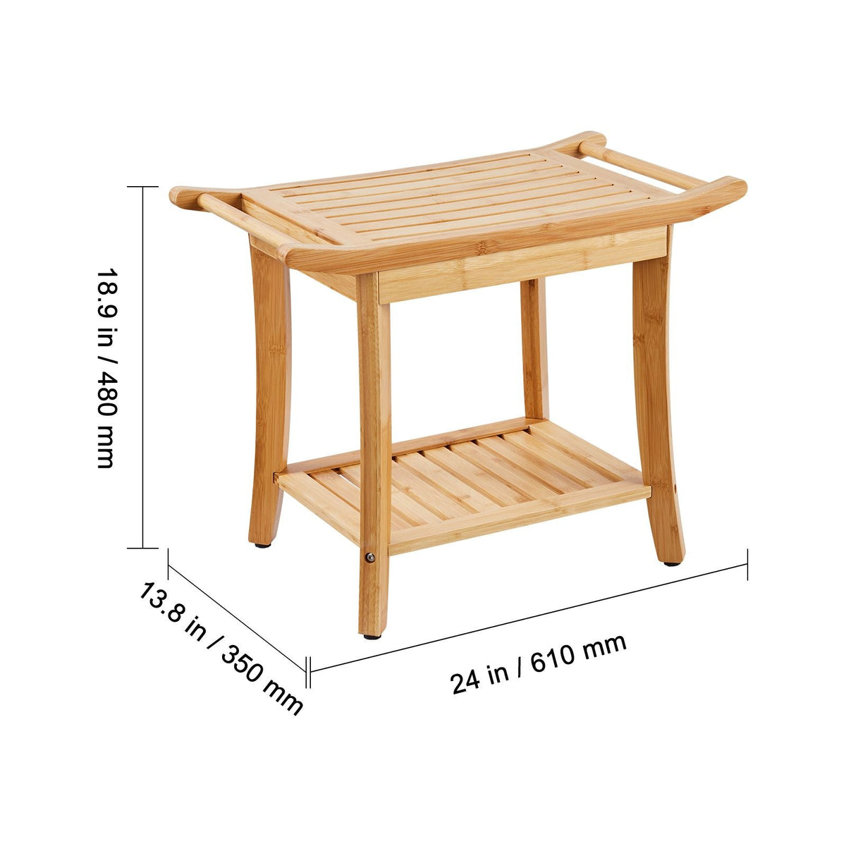 Bamboo Shower Bench, 24 x 13.8 x 18.9 in, Waterproof Shower Stool Chair with Storage Shelf Handle, 300 lbs Load Capacity Spa Bath Seat Organizer, for Adults Seniors Women Elderly Indoor Outdoor