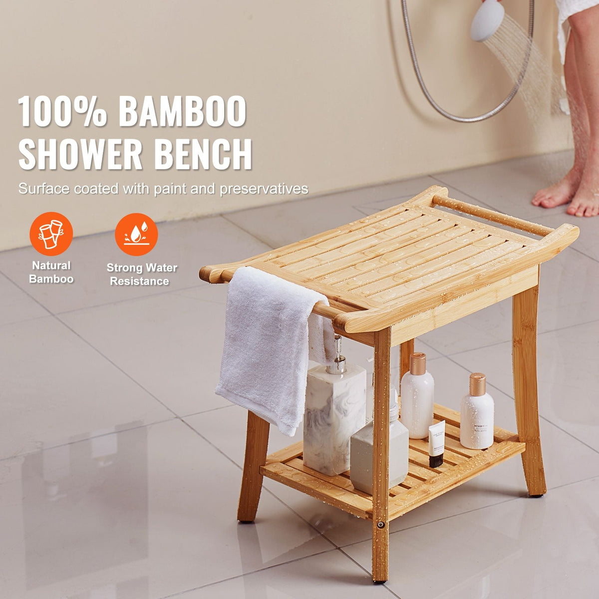 Bamboo Shower Bench, 24 x 13.8 x 18.9 in, Waterproof Shower Stool Chair with Storage Shelf Handle, 300 lbs Load Capacity Spa Bath Seat Organizer, for Adults Seniors Women Elderly Indoor Outdoor