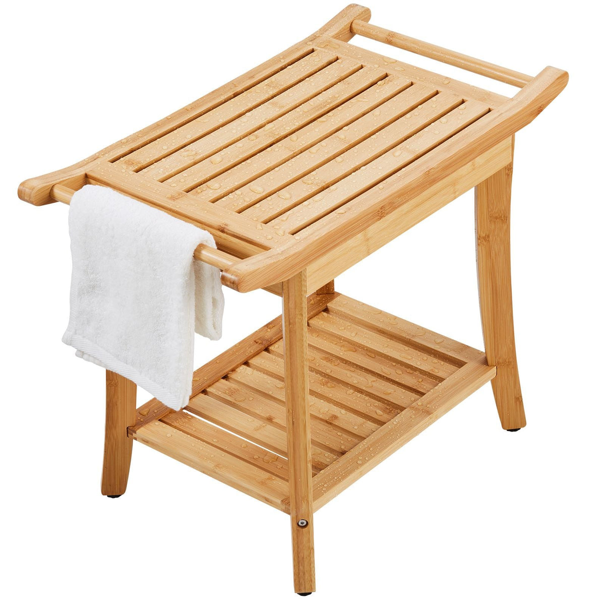 Bamboo Shower Bench, 24 x 13.8 x 18.9 in, Waterproof Shower Stool Chair with Storage Shelf Handle, 300 lbs Load Capacity Spa Bath Seat Organizer, for Adults Seniors Women Elderly Indoor Outdoor