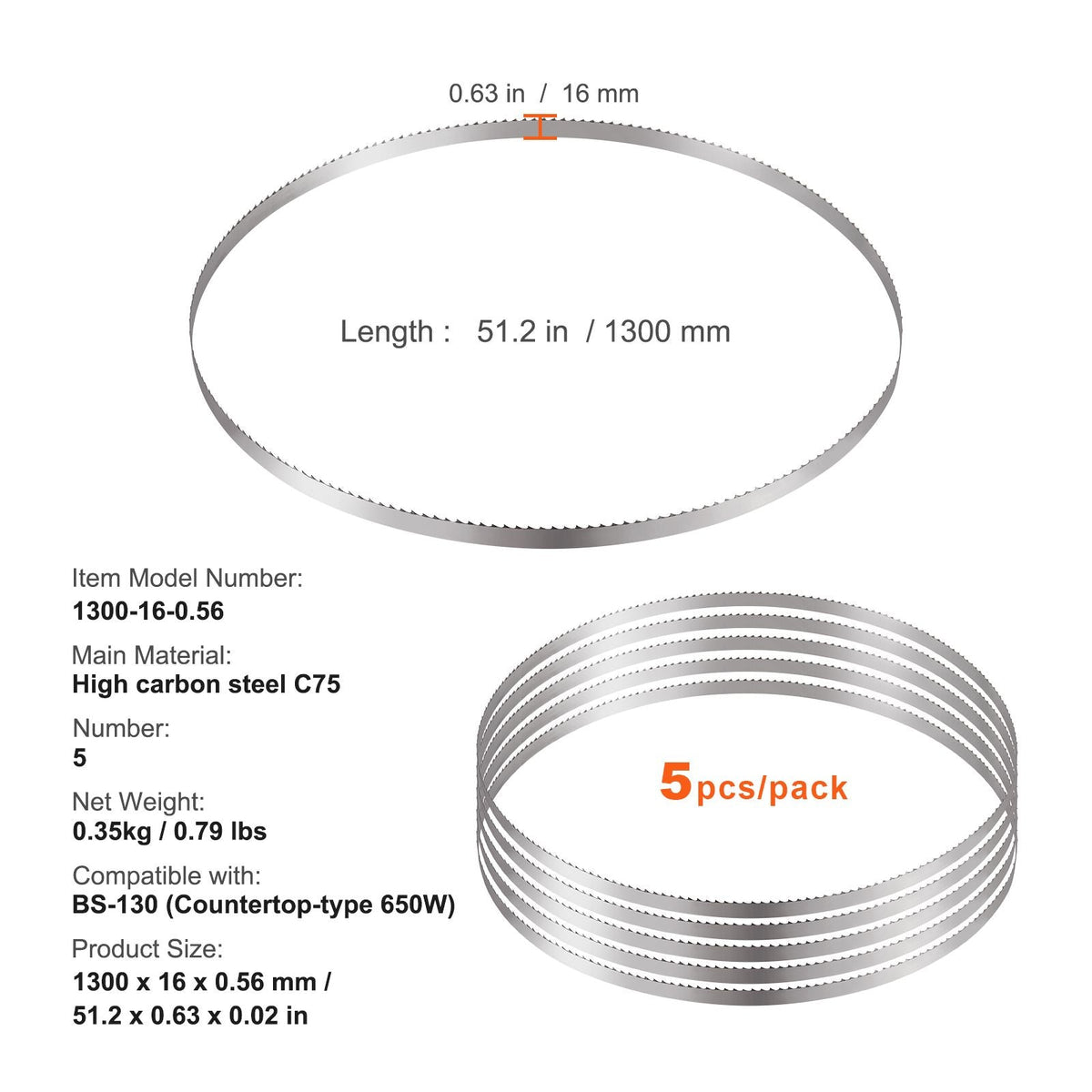 Band Saw Blade, 51.2x0.63x0.02 inch, 5 PCS/Pack Meat Bandsaw Blades for Replacement, Carbon Steel Blade, Meat Cutting Blade Wrapped by Rust-Proof Paper, Fit for Commercial Bone Saw Machines