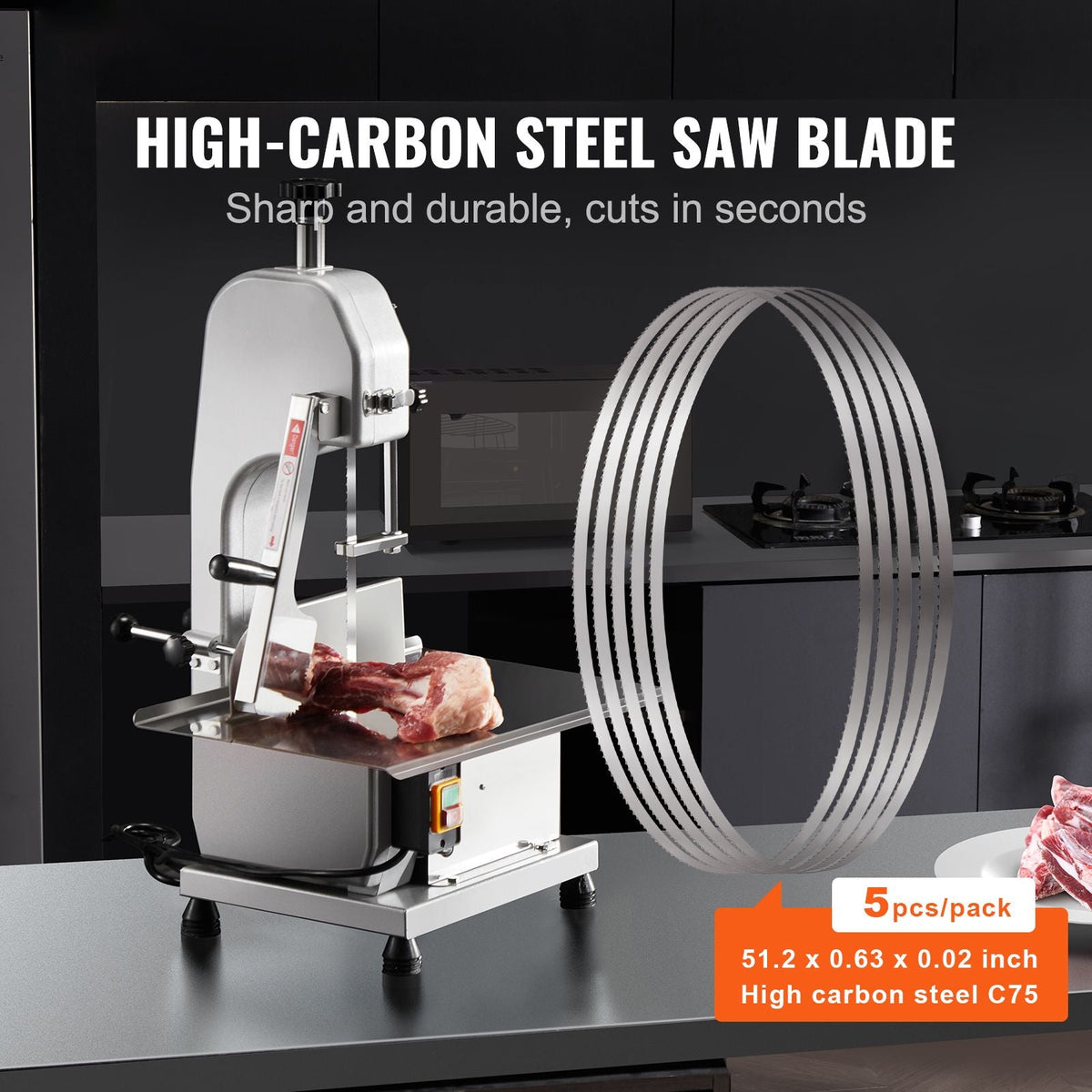 Band Saw Blade, 51.2x0.63x0.02 inch, 5 PCS/Pack Meat Bandsaw Blades for Replacement, Carbon Steel Blade, Meat Cutting Blade Wrapped by Rust-Proof Paper, Fit for Commercial Bone Saw Machines