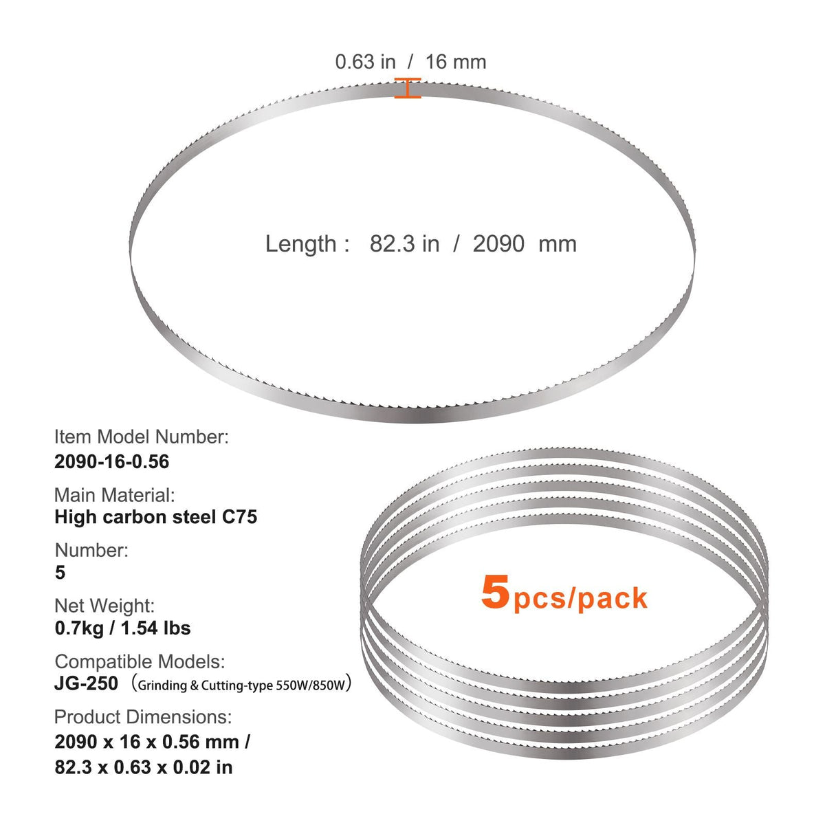 Band Saw Blade, 82.3x0.63x0.02 inch, 5 PCS/Pack Meat Bandsaw Blades for Replacement, Carbon Steel Blade, Meat Cutting Blade Wrapped by Rust-Proof Paper, Fit for Commercial Bone Saw Machines