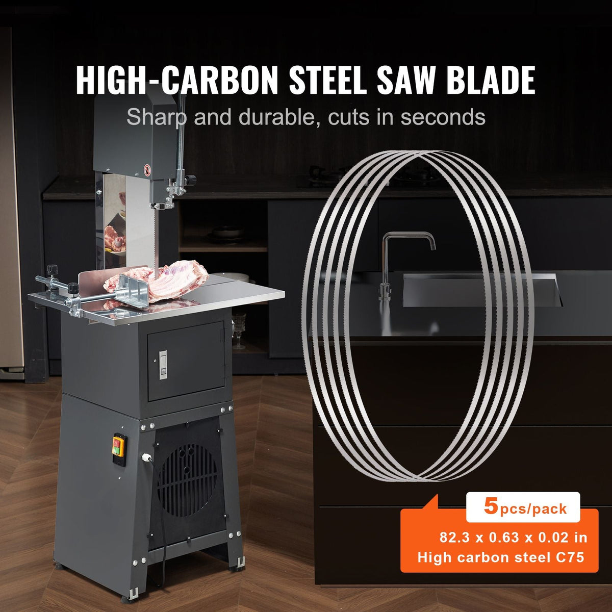 Band Saw Blade, 82.3x0.63x0.02 inch, 5 PCS/Pack Meat Bandsaw Blades for Replacement, Carbon Steel Blade, Meat Cutting Blade Wrapped by Rust-Proof Paper, Fit for Commercial Bone Saw Machines