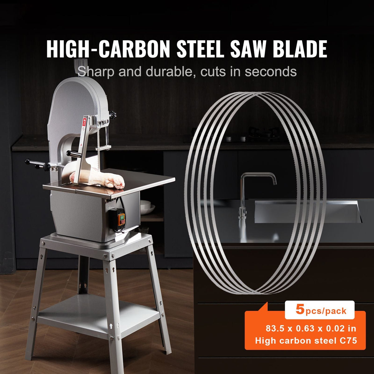 Band Saw Blade, 83.5x0.63x0.02 inch, 5 PCS/Pack Meat Bandsaw Blades for Replacement, Carbon Steel Blade, Meat Cutting Blade Wrapped by Rust-Proof Paper, Fit for Commercial Bone Saw Machines