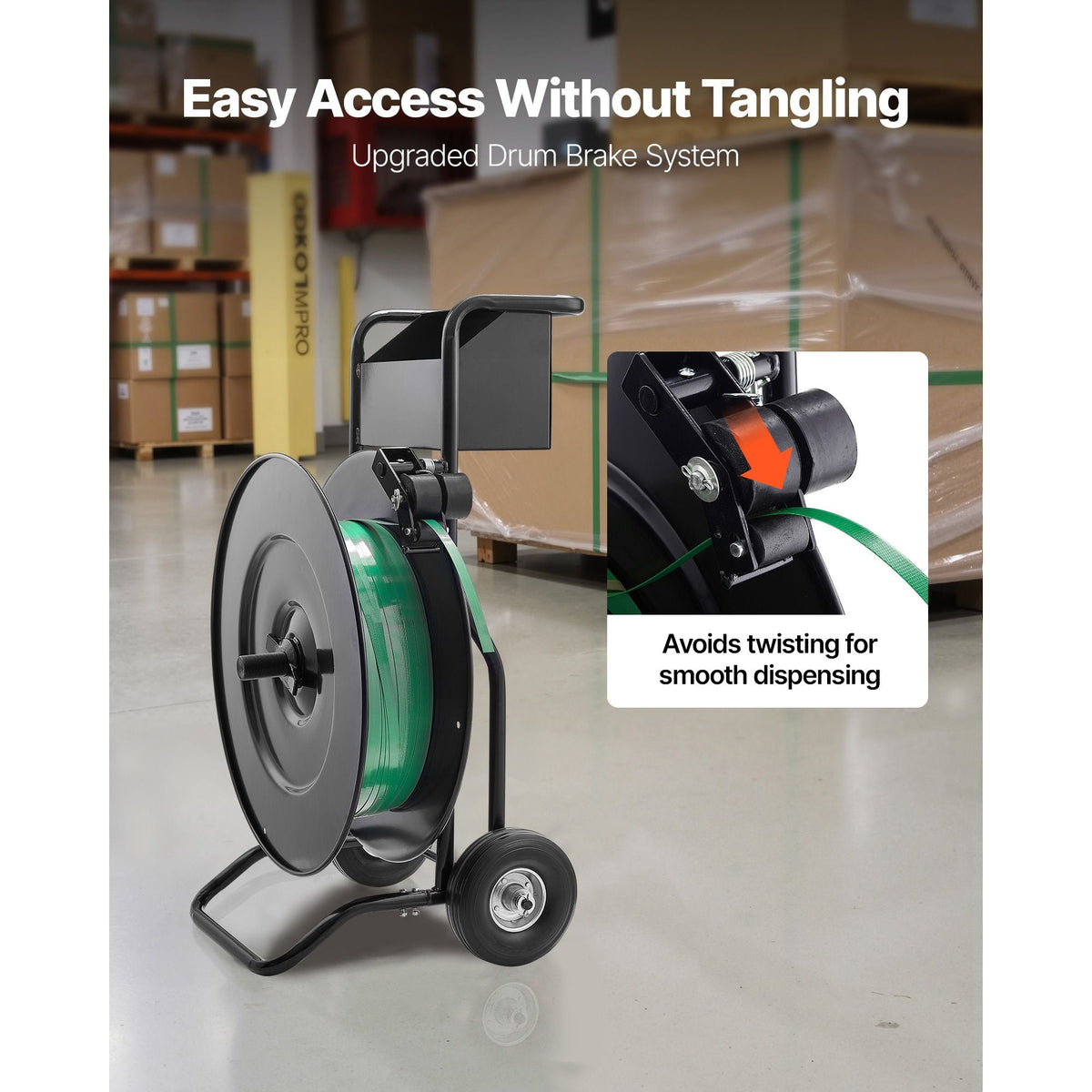 Banding Strapping Cart, Fit for PET / PP / Steel Strap Coils with 8 or 16 inches Core Size, Heavy Duty Strapping Dispenser Equipped with Upgrade Drum Brake, Built-in Spacious Tray for Tools