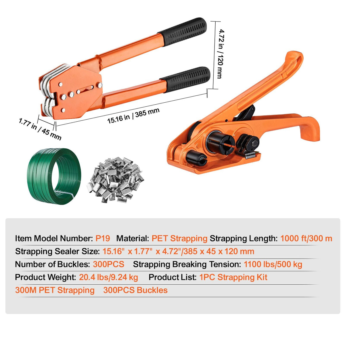 Banding Strapping Kit with Strapping Tensioner Tool, Banding Sealer Tool, 300 Metal Seals, 1000ft Length PET Band, Pallet Packaging Strapping Banding Kit Banding Packaging Strapping for Packing