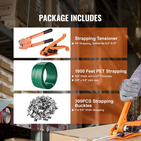 Banding Strapping Kit with Strapping Tensioner Tool, Banding Sealer Tool, 300 Metal Seals, 1000ft Length PET Band, Pallet Packaging Strapping Banding Kit Banding Packaging Strapping for Packing