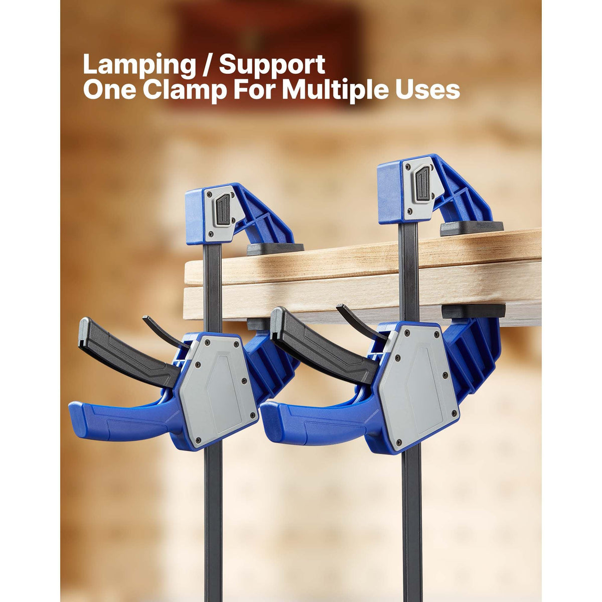 Bar Clamps for Woodworking, 2-Pack 24 inch One-Handed Clamp/Spreader, Quick-Grip F-Clamp with 340 lbs Load Limit, Premium Plastic and Carbon Steel, for Woodworking Metal working, Blue + Black