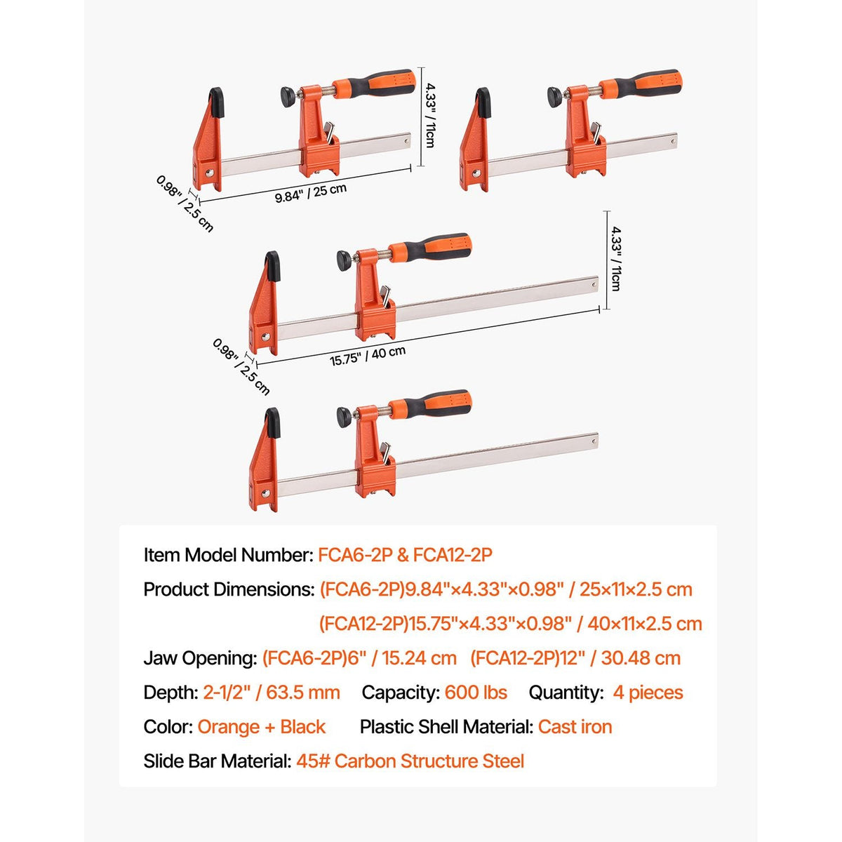 Bar Clamps for Woodworking, 2-Pack 6 inch and 2-Pack 12 inch, Lockable F-Clamp with 600 lbs Load Limit, 2-1/2 inch Depth, Cast Iron and Carbon Steel, Wood Clamps for Woodworking Metal Working
