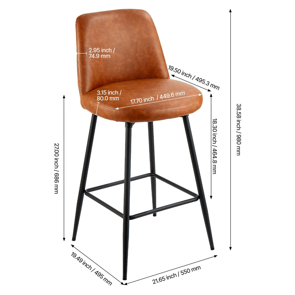 Bar Stool Set of 2, 27 inch Counter Height Swivel Stools, Modern PU Leather Counter Barstool with Backrest and Metal Legs, Armless Bar Chair, Island Barstool for Kitchen, Dining Room, Brown