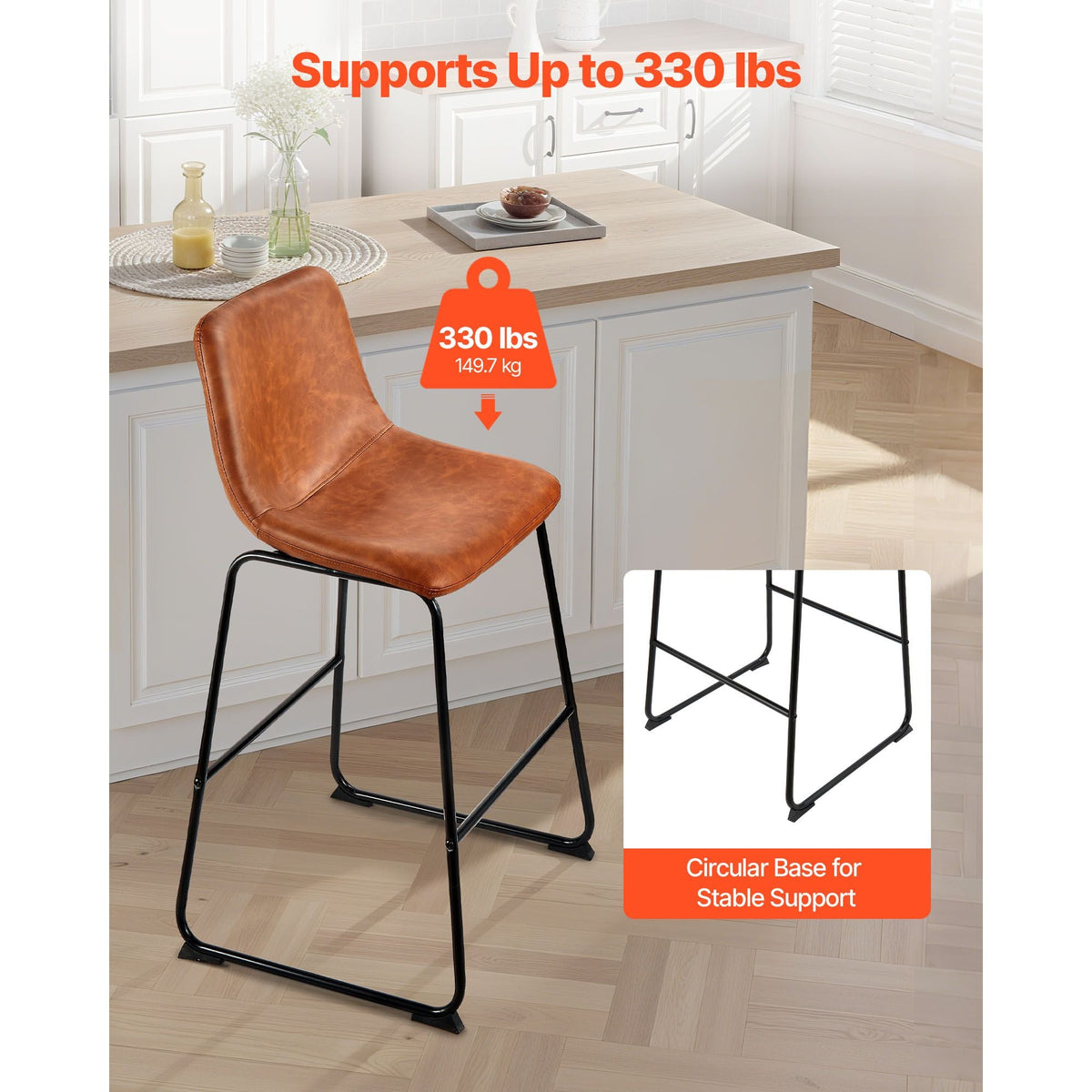 Bar Stool Set of 4, 26 inch Counter Height Stools, Modern PU Leather Counter Barstool with Backrest, Metal Legs, Easy Assembly Armless Bar Chair, Island Barstool for Kitchen, Dining Room, Brown