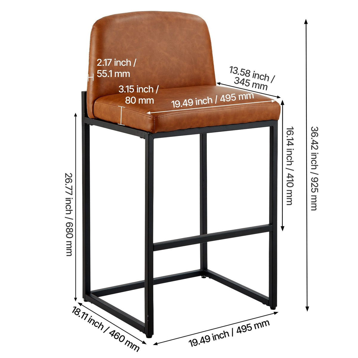 Bar Stool Set of 4, 27 inch Counter Height Stools, Modern PU Leather Counter Barstool with Backrest, Metal Legs, Easy Assembly Armless Bar Chair, Island Barstool for Kitchen, Dining Room, Brown
