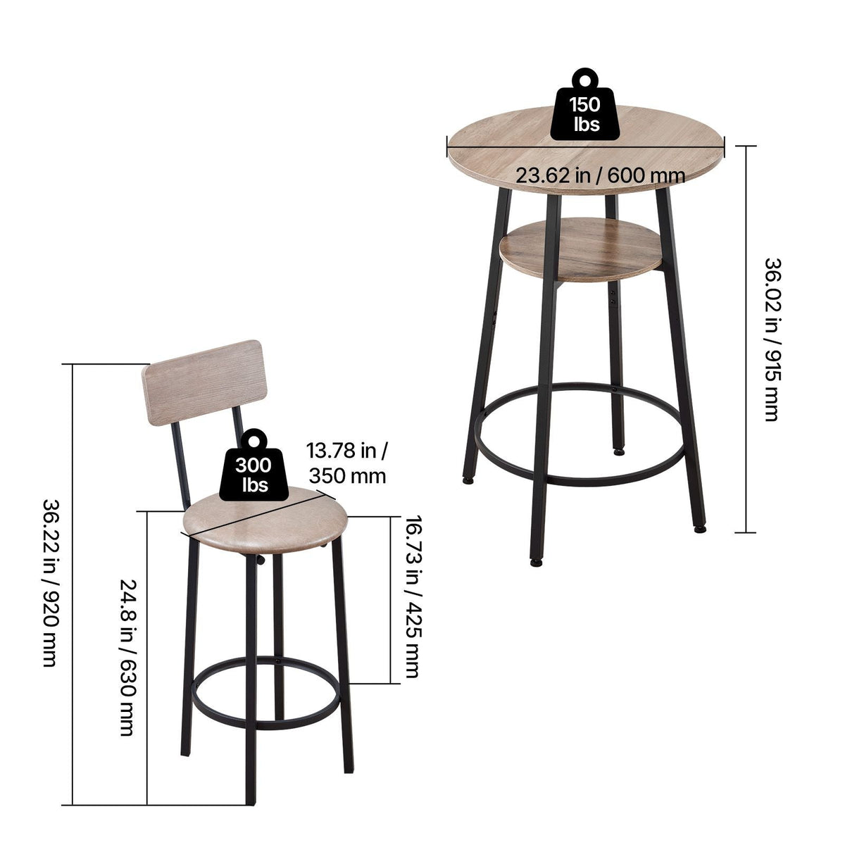 Bar Table, 3PCS 23.5″ Bars Tables Set, Bar Tables and Chair Set with Rounded Corner Design, Round Pub Table with Two Stools for Office Desk, Breakfast Corner, Mini Bars, Light Gray, Black