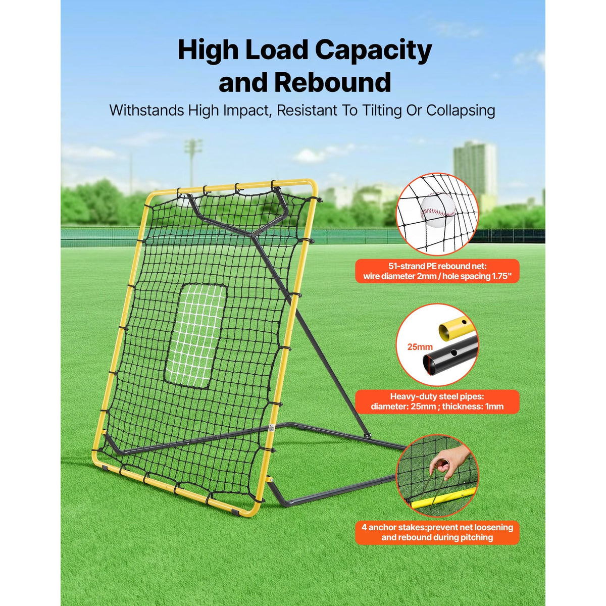 Baseball Softball Rebounder Net 4 x 4.5 ft Pitch Back Trainer Target, 4 Adjustable Angles with Strike Zone, Steel Frame, Bounce Back Net for Pitching & Fielding Training, Return Practice