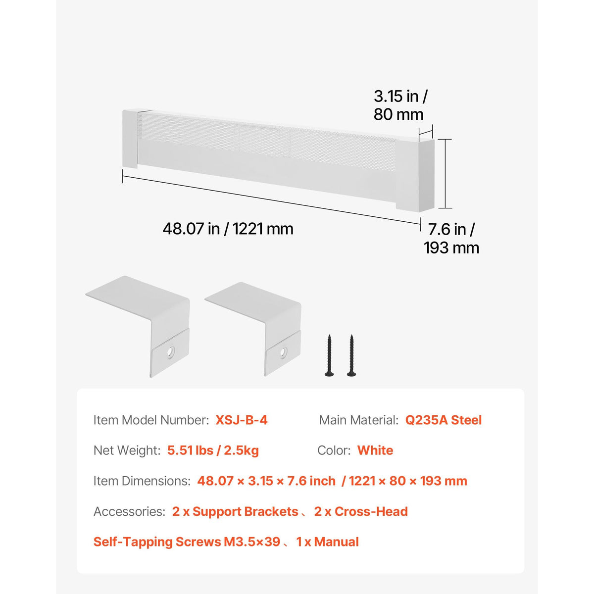 Baseboard Heater Covers, Basic Series 4 ft Standard Electric Heating Unit Front Cover for Home Improvement, Heavy-duty Steel, Easy Installation for Bedroom Replacing Old Cover, White