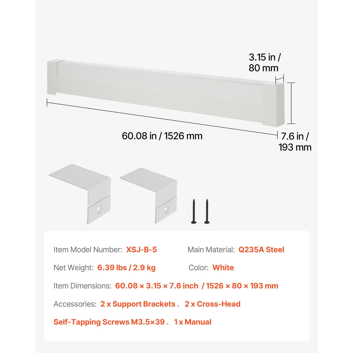 Baseboard Heater Covers, Basic Series 5 ft Standard Electric Heating Unit Front Cover for Home Improvement, Heavy-duty Steel, Easy Installation for Bedroom Replacing Old Cover, White