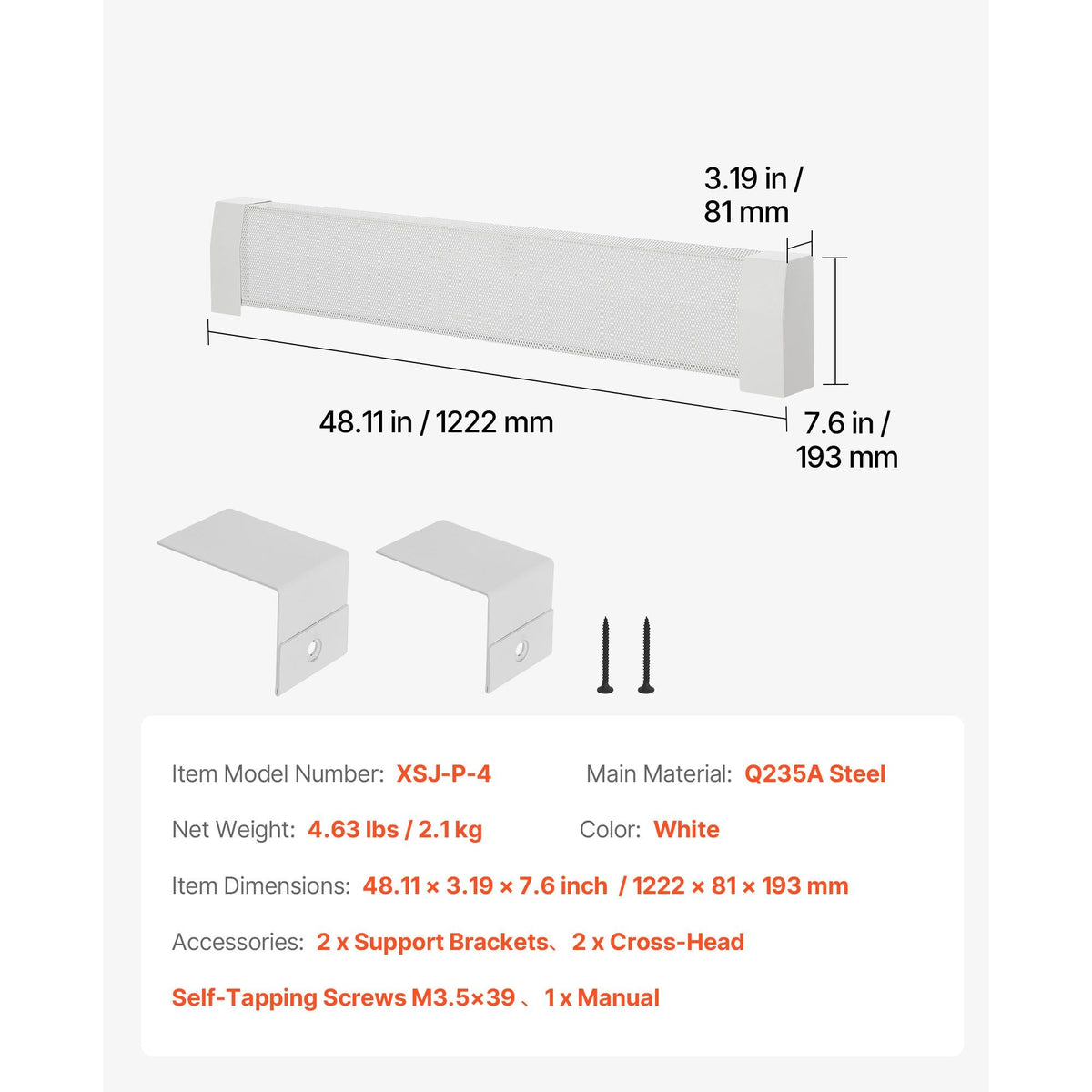 Baseboard Heater Covers, Premium Series 4 ft Standard Electric Heating Unit Front Cover for Home Improvement, Heavy-duty Steel, Easy Installation for Bedroom Replacing Old Cover, White