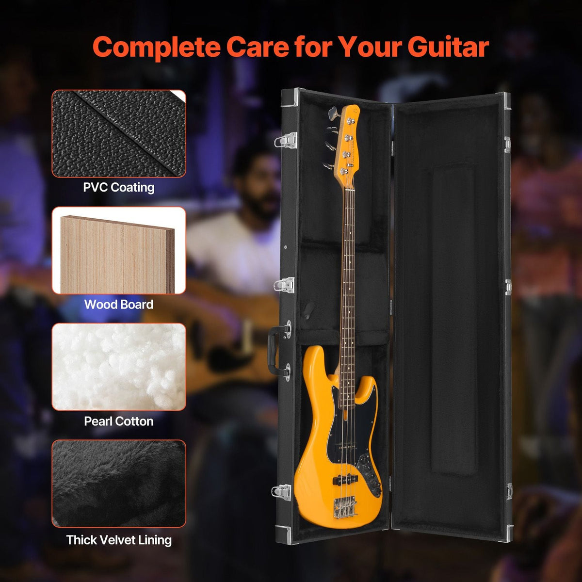 Bass Guitar Hard Case, 48.03 in Rectangular Guitar Hard Case, With Lock Latch Keys Handle, PVC Padding Soft Lining Water-Resistant Hard Shell Guitar Cases, for 39-46.5 in Bass Guitars, Black