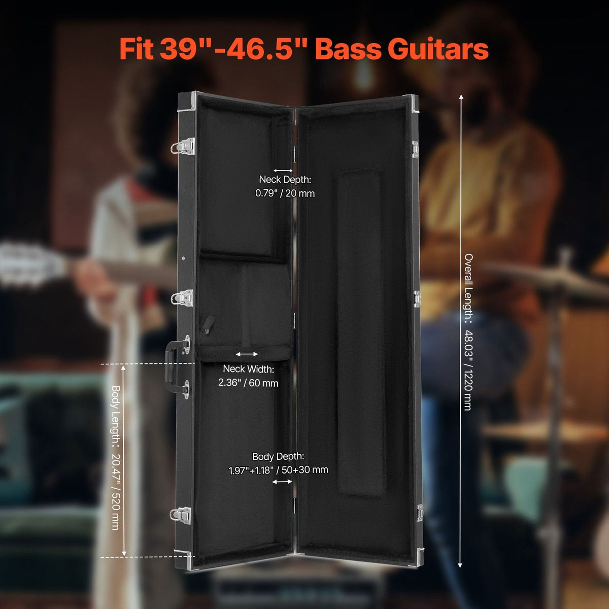 Bass Guitar Hard Case, 48.03 in Rectangular Guitar Hard Case, With Lock Latch Keys Handle, PVC Padding Soft Lining Water-Resistant Hard Shell Guitar Cases, for 39-46.5 in Bass Guitars, Black