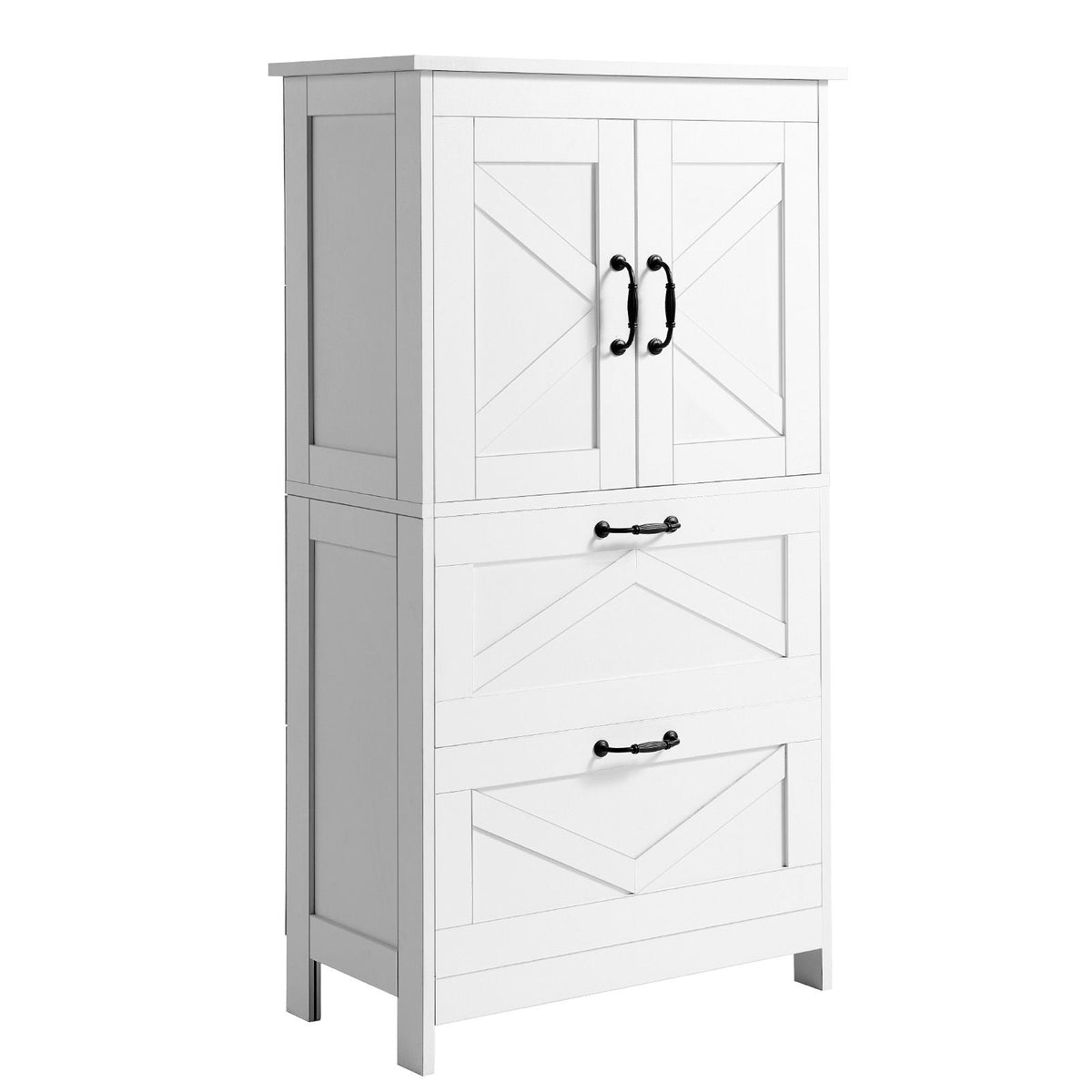 Bathroom Floor Cabinet, 4-Tier, Wooden Storage Organizer with 2 Doors, 2 Drawers and Adjustable Shelf, Modern Home Furniture Freestanding Cupboard for Kitchen/Living Room/Entryway Use, White