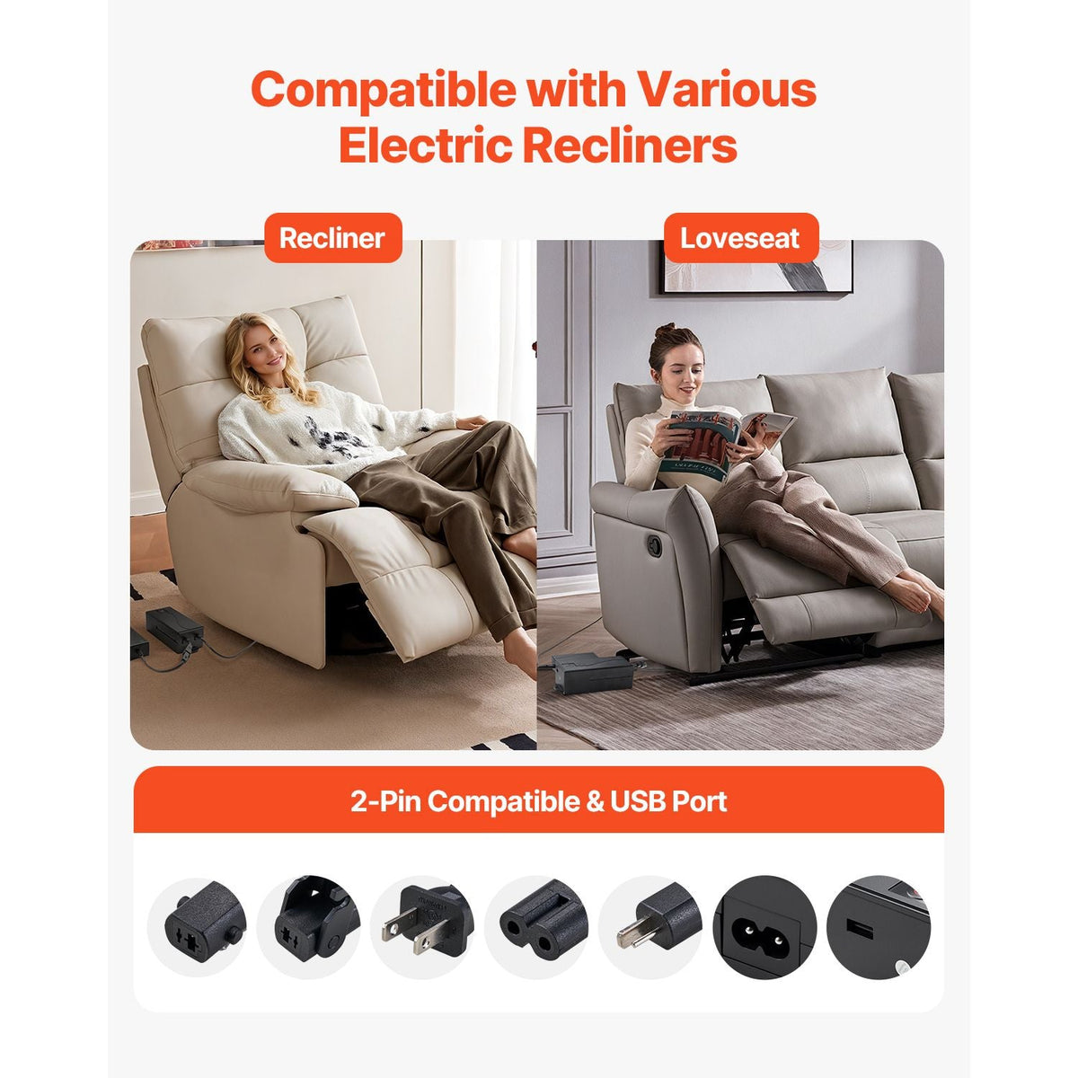 Battery Pack for Reclining Furniture with Adapter, 5000 mAh Rechargeable Recliner Battery Pack with Universal 2-Pin Connector and LED Screen, for Electric Recliner, Sofa, Couch & Lift Chair